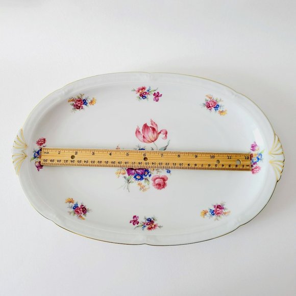 ZS & Co Pink Floral 15" Oval Serving Platter 1940s Gold Trim US Zone Germany - Picture 9 of 9